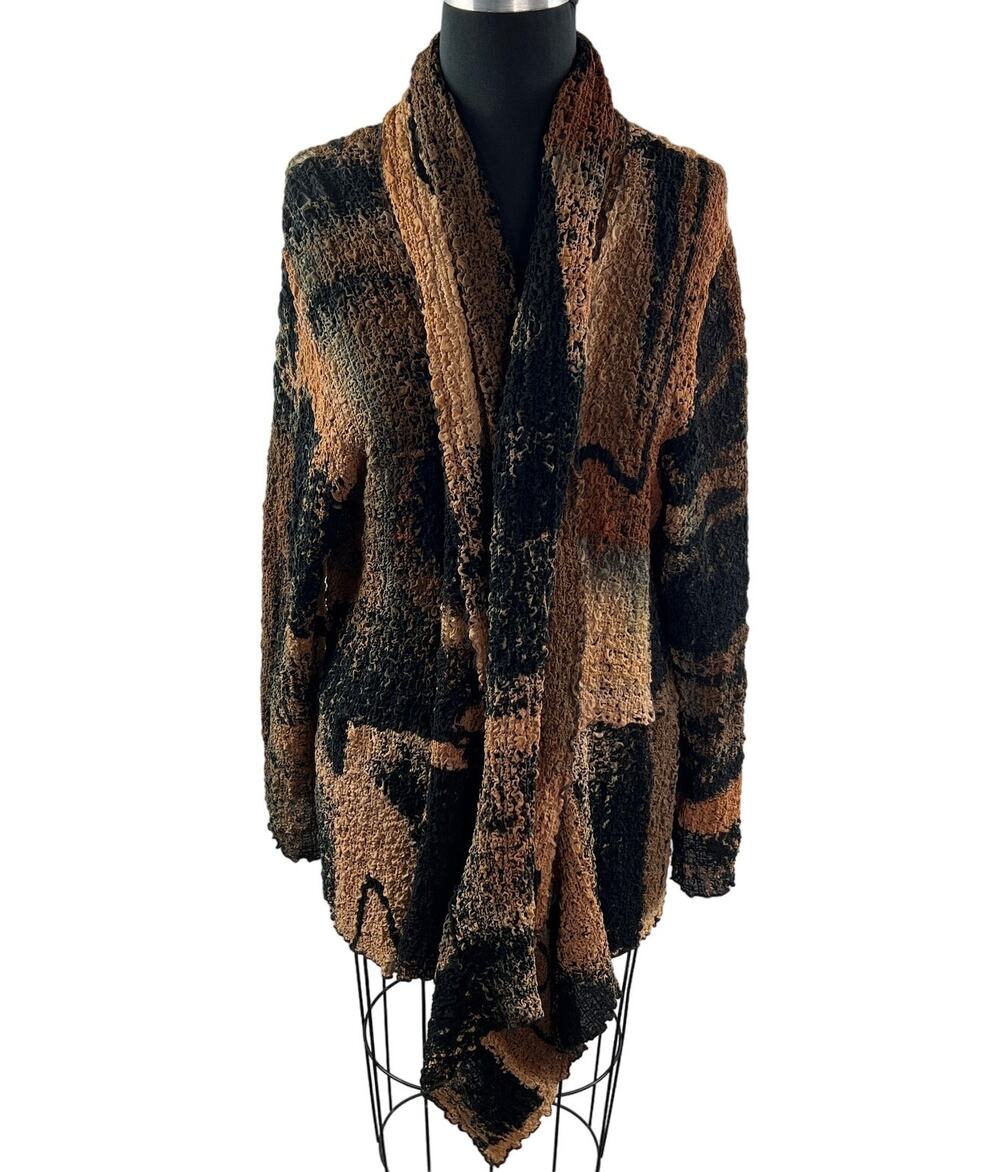 VTG Brown Black Cardigan Sweater Abstract Pebbled Knit Shawl Neck Dolman Sleeve